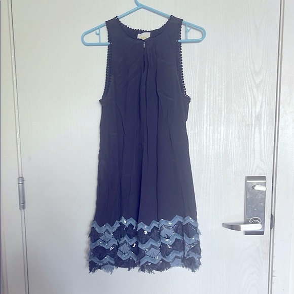 Anthropologie Maeve Festive Swing Elegant Navy Sequin Fringe Sleeveless Dress - Picture 4 of 11